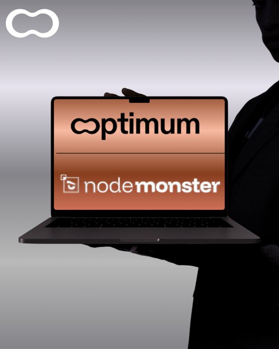 Promotional image showing a person holding a laptop displaying the 'optimum' logo and 'nodemonster' branding.