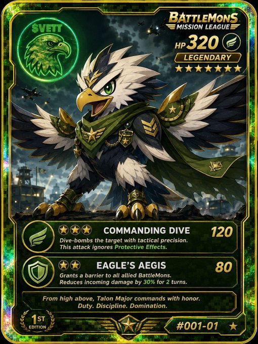A 'BattleMons Mission League' trading card featuring a legendary eagle character named S'Vetti with 320 HP and attacks 'Commanding Dive' and 'Eagle's Aegis.'