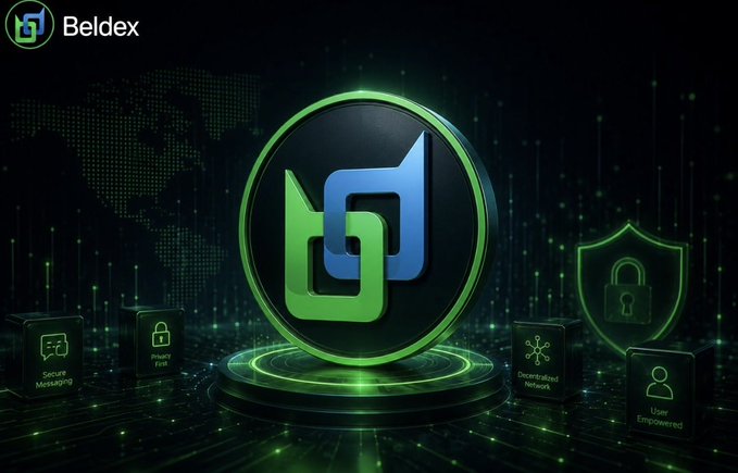 A promotional graphic for 'Beldex' featuring a green and blue logo, with surrounding icons highlighting 'Secure Messaging', 'Privacy First', 'Decentralized Network', and 'User Empowered'.