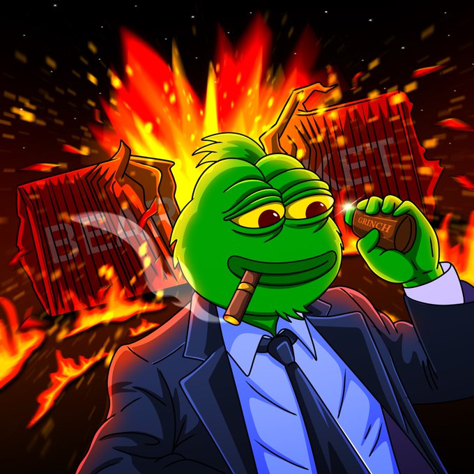 A green Pepe-style character in a suit and tie, smoking a cigar and holding a flask labeled "GRINCH," stands before an explosive fiery background with "GRAM" and "TON" stylized in burning red text—visually bringing to life the $GRINCH artwork tied to the post about @TheGrinchPepe and the $GRAM/$TON memecoin theme.