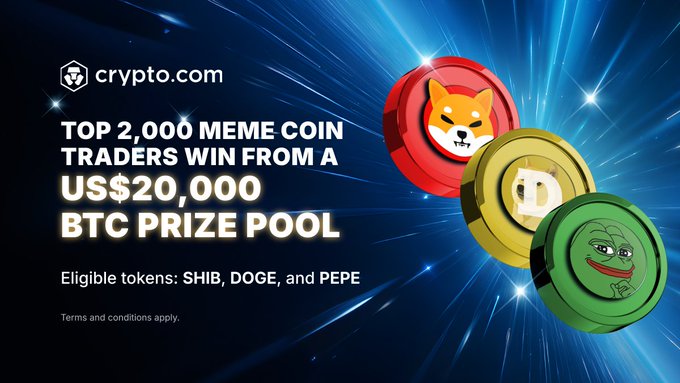 A Crypto.com promotional graphic announcing a meme coin trading competition, featuring three coin illustrations (Shiba Inu on a red coin, Doge on a gold coin, and Pepe on a green coin) alongside text reading "TOP 2,000 MEME COIN TRADERS WIN FROM A US$20,000 BTC PRIZE POOL" with eligible tokens listed as SHIB, DOGE, and PEPE—matching the accompanying post's details about the $20,000 BTC prize pool for top 2,000 traders.