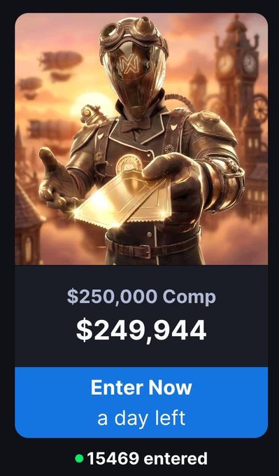 The image shows a promotional graphic for a MetaWin giveaway featuring a steampunk-style character holding a glowing envelope, with "$250,000 Comp" and "$249,944" displayed as the prize pool, an "Enter Now" button indicating "a day left," and "15469 entered" participants shown at the bottom.

The graphic visually reinforces the post's message by promoting the limited-time $250k giveaway on MetaWin, with the urgency conveyed by the "a day left" countdown and the nearly fully funded prize pool just $56 shy of the maximum $250,000.