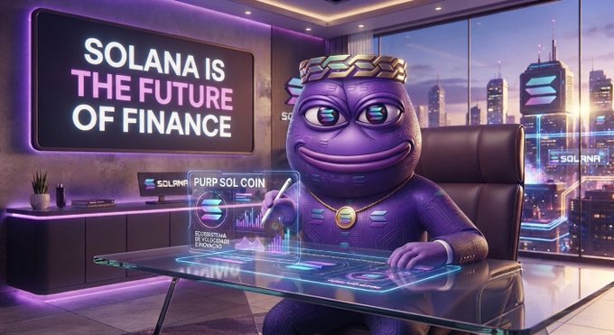 The same crowned purple Pepe character sits at a futuristic desk in a modern office with a neon sign reading 'SOLANA IS THE FUTURE OF FINANCE' and a city skyline view.