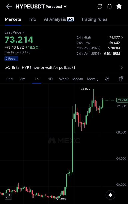 A mobile app screenshot displaying the HYPEUSDT perpetual trading pair on what appears to be MEXC, showing a last price of 73.214 USD (+18.3%) with a 1-hour candlestick chart showing price action from 58.039 to 74.877.