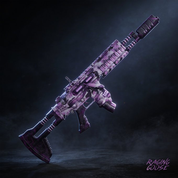 A purple and black patterned assault rifle from a video game is displayed dramatically against a dark, smoky background with "RAGING GOOSE" written in the corner.