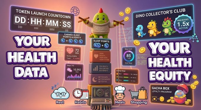 A colorful promotional infographic for Sleepagotchi showing 'Your Health Data' and 'Your Health Equity' dashboards, token launch countdown, dino collector's club, and lifestyle trackers.