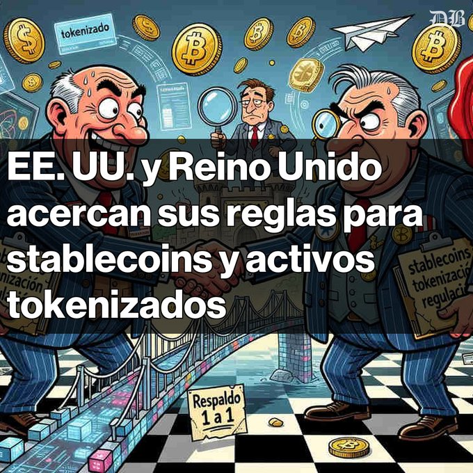 A cartoon illustration shows two businessmen—one in a pinstripe suit and the other holding a magnifying glass—standing on a chessboard bridge surrounded by floating Bitcoin coins, dollar signs, and tokens labeled "tokenizado," "stablecoins," and "Respaldo 1 a 1," with the overlaid headline reading "EE. UU. y Reino Unido acercan sus reglas para stablecoins y activos tokenizados," visually representing the U.S.-UK alignment on cryptocurrency and tokenized asset regulations.