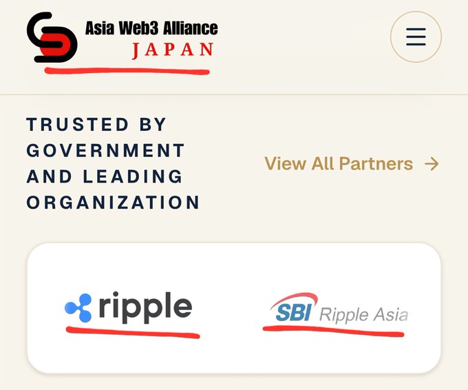 The image shows the Asia Web3 Alliance Japan website featuring a "Trusted by Government and Leading Organization" section, with the logos of Ripple and SBI Ripple Asia displayed as partner brands, visually confirming their official partnership status.