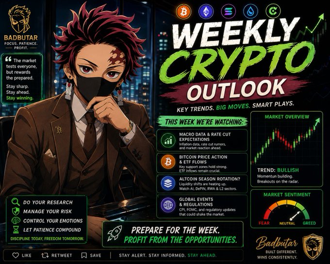 Anime-style 'Weekly Crypto Outlook' infographic by Badbutar featuring a masked character, Bitcoin and Ethereum icons, market overview charts, and bullish sentiment indicators.