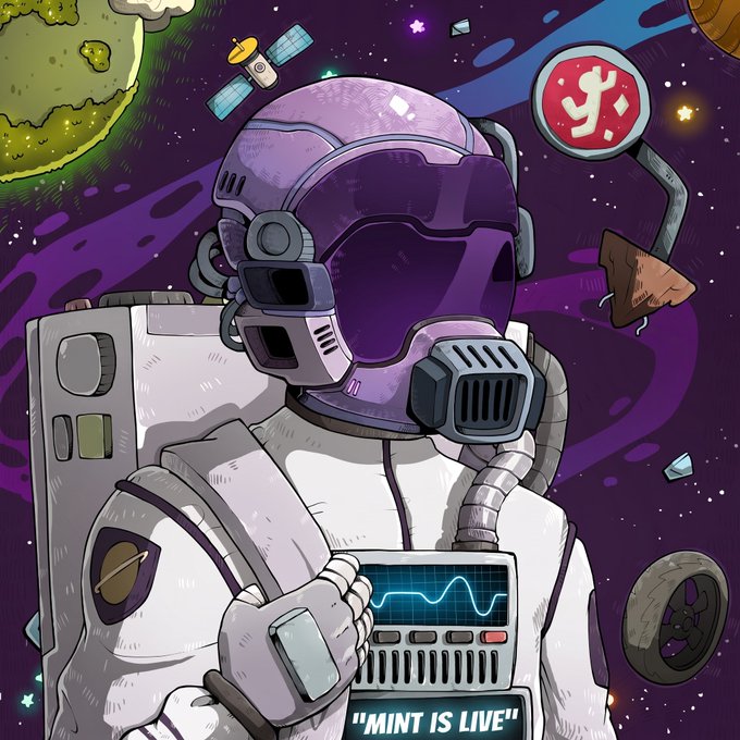 A stylized cartoon astronaut in a purple-tinted helmet floats through a cosmic scene filled with planets, stars, satellites, and a tire, while holding a device displaying a waveform and the text "MINT IS LIVE." The space-race imagery visually reinforces the post's racing-themed NFT drop, symbolizing the launch of the "LastLap" collection's free mint on OpenSea.