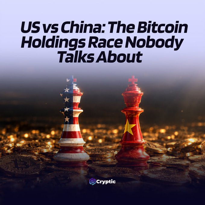 The image features two chess king pieces—one styled with the American flag and the other with the Chinese flag—facing off on a bed of gold Bitcoin coins, accompanied by the title "US vs China: The Bitcoin Holdings Race Nobody Talks About" and a "Cryptic" logo. The visual metaphor of a chess match directly illustrates the post's theme of geopolitical competition, framing the US's 328,372 BTC holdings against China's 194,775 BTC as a strategic standoff for global financial dominance.