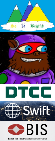 The image shows a promotional graphic featuring a cartoon character wearing a red and blue ski mask at the top with "St. Wagie" text, followed by logos for DTCC, SWIFT, and BIS stacked vertically with the tagline "Race to International Governance" at the bottom. The graphic visually supports the post's claims by displaying the logos of the three major financial institutions (DTCC, SWIFT, and BIS) mentioned in the discussion about tokenized assets and cross-border remittance systems.