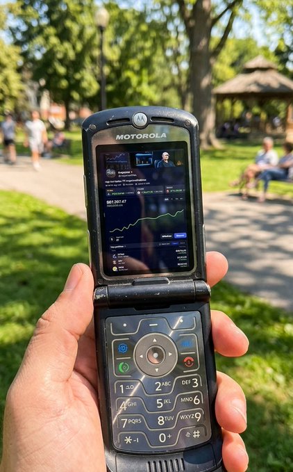 A hand holding an open Motorola flip phone displaying a financial chart and Elon Musk's X profile in a park setting.