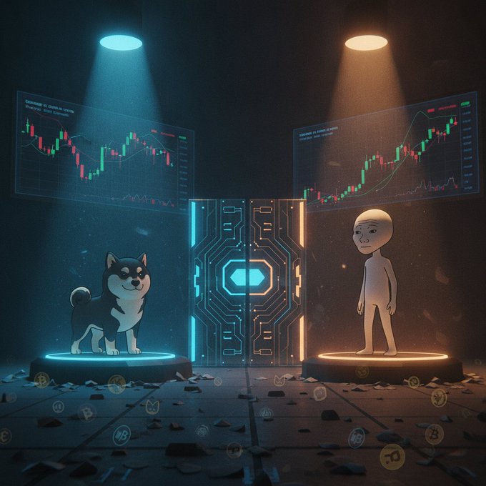 A stylized digital artwork depicting a Shiba Inu dog on the left and a humanoid Pepe figure on the right, both standing on glowing circular platforms flanking a central circuit-patterned door, with cryptocurrency price charts displayed above and coins scattered on the floor.