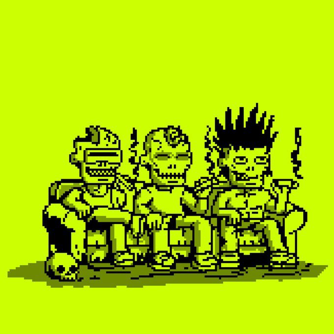 Three pixel-art zombie-like characters with wild hair sit together on a couch against a yellow-green background, with a small skull at their feet. The grotesque, undead figures visually reinforce the post's "Deadchains" theme, playing on the word "dead" to hype the 4,200 Dead gangs mint being announced.