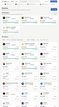 Blurred screenshot of a web browser showing the Coinbase 'Explore' page with categories like 'Graduating' and 'All Systems' listing various cryptocurrency tokens.