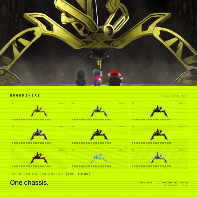 A promotional graphic displays characters in a metallic structure above a grid of nine NFT designs labeled 'HOODMINERS', with text including 'One chassis.', 'SEAM - BITCOIN', and 'FREE MINT - ROBINHOOD.CHAIN'.