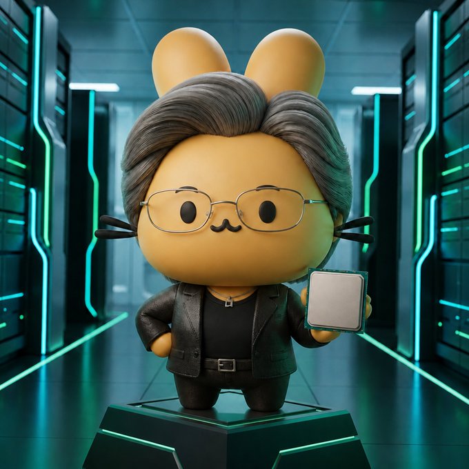 A cute 3D-styled character with bunny ears, glasses, and a mustache stands confidently in a futuristic server room holding a CPU processor. The image relates to the "Mystery Stock #21" puzzle, hinting at a tech hardware/AI company—likely NVIDIA or a semiconductor giant—clued by the phrase "We build big things" and the prominent processor.