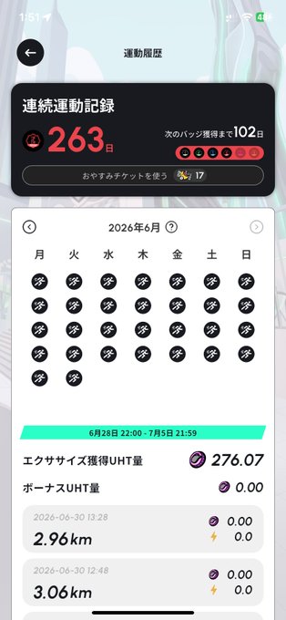 A Japanese-language fitness app screen showing a 263-day consecutive exercise streak for June 2026, with workout records including 2.96 km and 3.06 km distances.