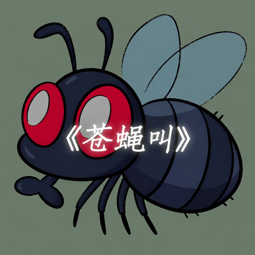 A cartoon illustration of a black fly with large red eyes and translucent wings, overlaid with the Chinese text '《苍蝇叫》' (Fly Cry).