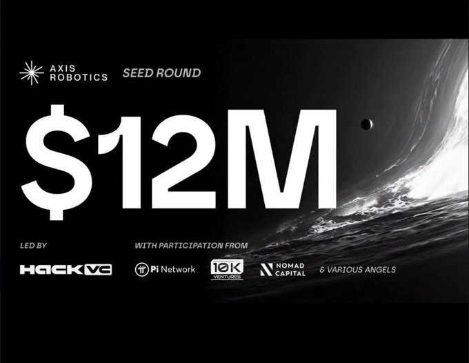 The image is a promotional graphic from Axis Robotics announcing a $12M Seed Round, led by Hack VC with participation from Pi Network, 10K Ventures, Nomad Capital, and various angels. The dark, space-themed design featuring a planet and celestial body reinforces the futuristic, tech-forward branding associated with this robotics funding announcement.