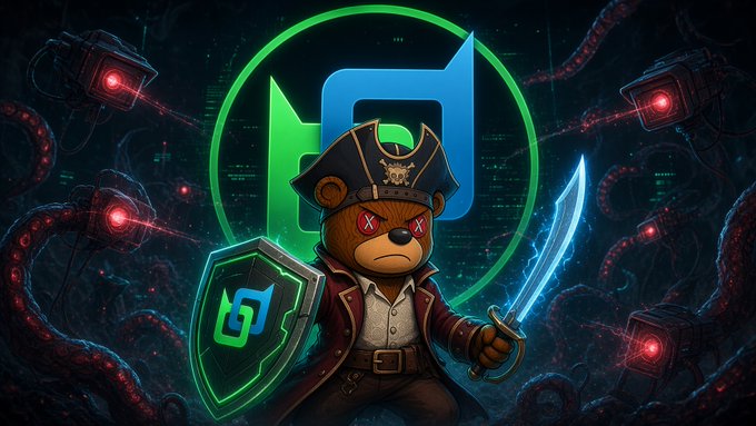 A digital illustration depicts a pirate teddy bear with a sword and shield standing in front of a green HP logo, surrounded by red-eyed surveillance cameras and tentacles.