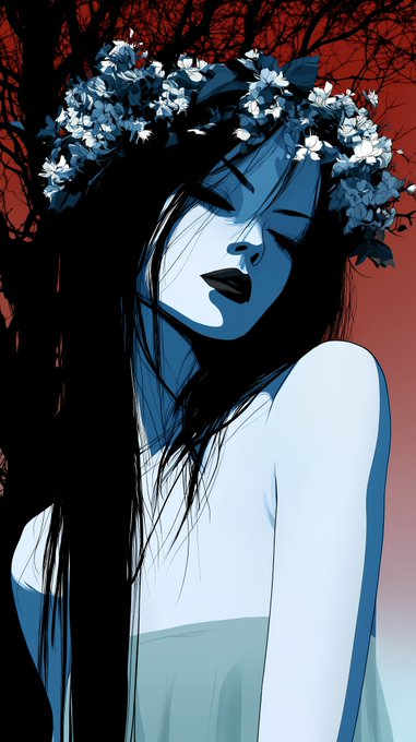 An illustrated blue-toned woman with long black hair wears a crown of blue and white flowers, set against a dramatic red background with dark tree branches.