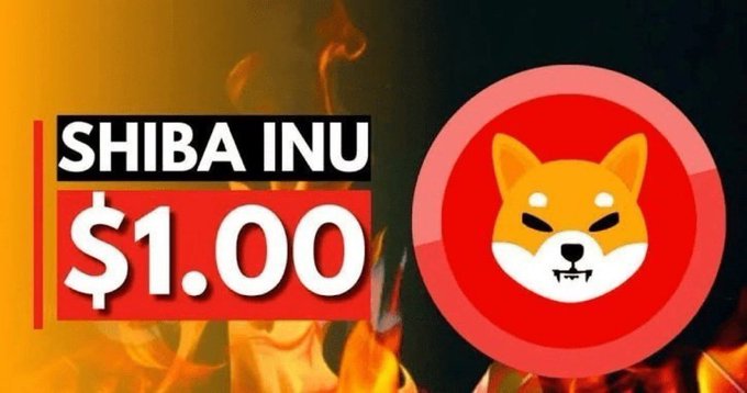 A graphic predicting "SHIBA INU $1.00" featuring the Shiba Inu dog logo on a red coin with flames in the background.