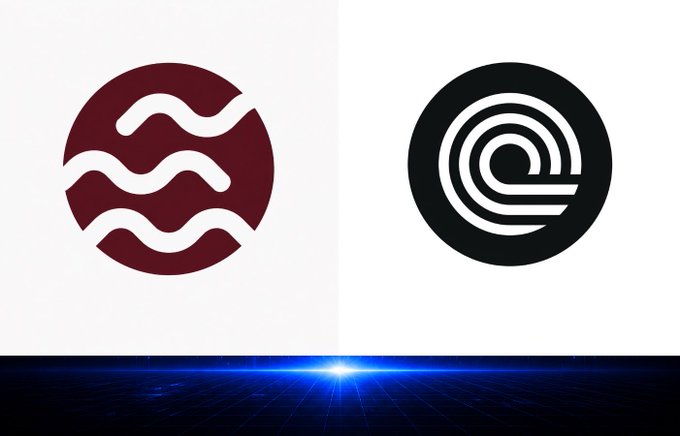 Two cryptocurrency logos displayed side-by-side on a split white background above a glowing blue grid, showing a wavy design logo on the left and a spiral "P" logo on the right.