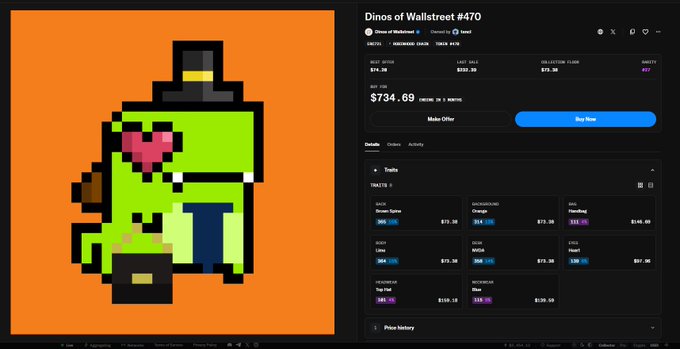 A screenshot of the "Dinos of Wallstreet #470" NFT collection page showing a green pixel-art dinosaur character with a heart on its cheek, priced at 0.7838 ETH with a last sale of $73.30.