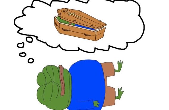 A cartoon illustration showing a turtle lying on its back thinking about a coffin in a thought bubble, with a green hat and blue shirt.