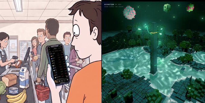 A side-by-side comparison: on the left, a cartoon illustration of people in a grocery checkout line with a person holding a smartphone displaying a long list; on the right, a screenshot from Minecraft showing a nighttime scene with a tall structure and floating mob heads.