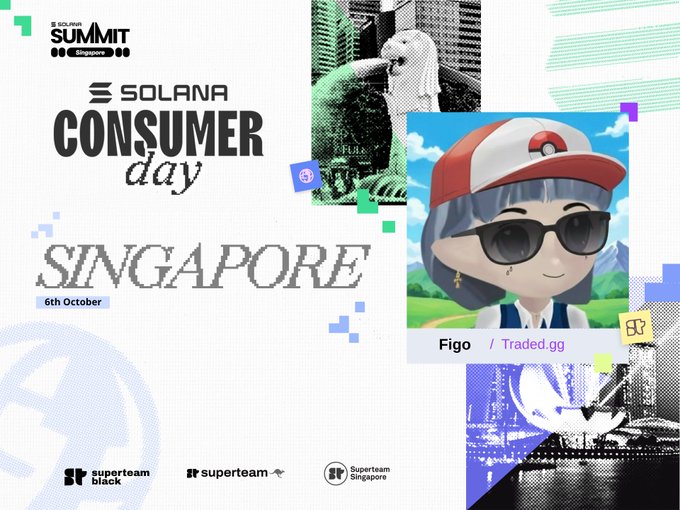 A promotional graphic for 'Solana Consumer Day' at Solana Summit Singapore on 6th October, featuring a cartoon avatar labeled 'Figo / Traded.gg' wearing a Pokéball cap and sunglasses, with Superteam branding at the bottom.