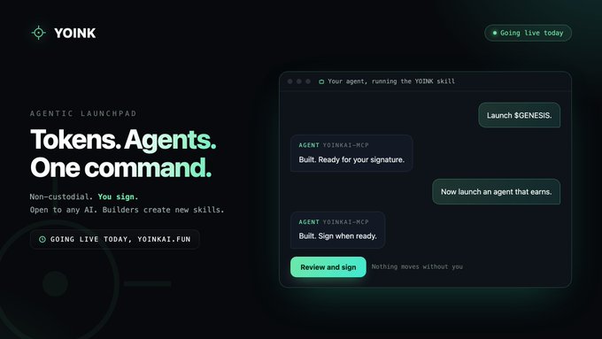 A promotional landing page for YOINK's "Agentic Launchpad" featuring the tagline "Tokens. Agents. One command." with a chat interface showing AI agent deployment messages on yoinkai.fun, going live today. The image appears unrelated to the accompanying post about a token on Robinhood targeting millions in market cap.