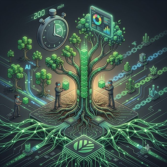 An isometric digital illustration shows developers tending to a glowing green tree of cubes and circuits rooted on a chip, with a stopwatch displaying "200 min" and "20," a dashboard screen, and blockchain nodes, symbolizing how AI and on-chain infrastructure turn ideas into deployable apps in just minutes.