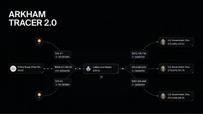 The image showcases Arkham Tracer 2.0, a fund flow visualization tool tracking $546,317,391.82 worth of cryptocurrency from the Prince Group (Chen Zhi) through a LuBian.com Hacker address, with funds aggregating to $521,736,736, $513,893,632, and $587,204,608 before flowing to multiple U.S. Government wallets holding $715,964,133.52, $716,979,707.79, and $747,495,266.56.