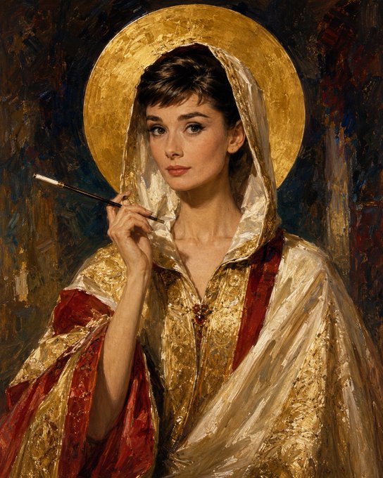 A painted portrait depicting Audrey Hepburn reimagined as a Madonna-like figure, wearing a flowing gold and crimson robe with a sheer veil, holding a slender brush, and crowned with a radiant gold halo against a richly textured dark background.