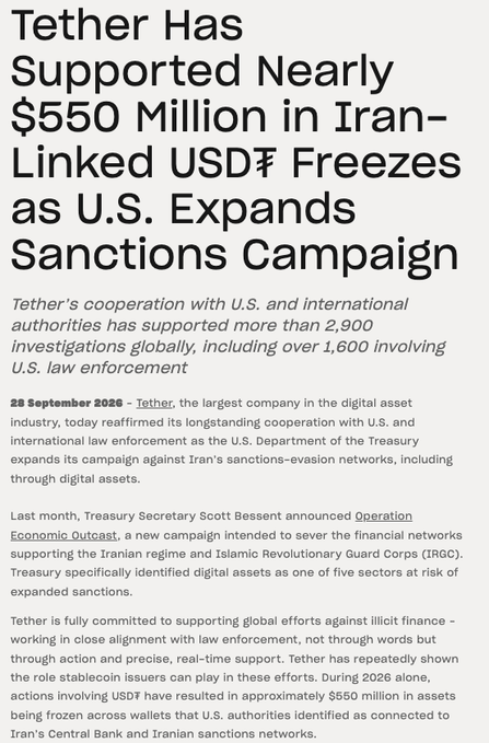 The image is a Tether press release headline dated September 28, 2026, titled "Tether Has Supported Nearly $550 Million in Iran-Linked USD₮ Freezes as U.S. Expands Sanctions Campaign," highlighting Tether's cooperation with U.S. law enforcement and the Treasury's Operation Economic Outcast, which resulted in freezing approximately $550 million in USDT connected to Iran's Central Bank and sanctions networks—aligning with the accompanying post's claim about Tether helping freeze nearly $550M in Iran-linked USDT in 2026.