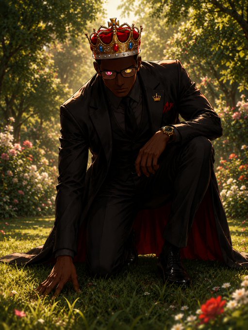 The image features a man dressed in a suit, kneeling down with his hands on his knees, wearing glasses and a crown. The background includes trees and flowers, creating an outdoor setting for the scene. The caption of the image reads "Good Morning Chads Will you be touching grass or stay home to lockin I'M TOO TIRED FOR THAT? YOU'RE NOT! To become top @NomismaNetwork and @quipnetwork".