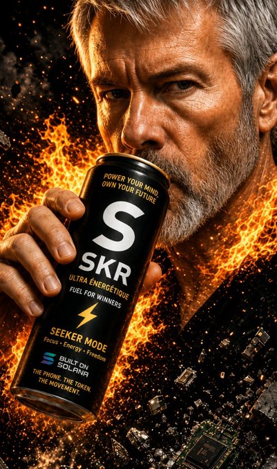 A promotional image showing a man drinking from a black "SKR ULTRA ENERGETIQUE FUEL FOR WINNERS" can, with text reading "POWER YOUR MIND, OWN YOUR FUTURE" and "BUILT ON SOLANA."
