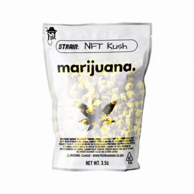 A white marijuana packaging bag labeled 'STRAIN: NFT Kush' with 'marijuana.' printed across the front, a cannabis leaf graphic, and 'NET WT. 3.5G' at the bottom, accompanied by a small thief-like character watermark in the corner.