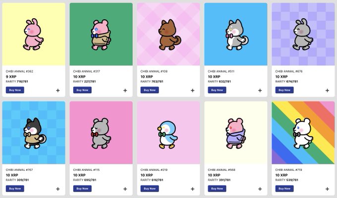 A marketplace interface displays a grid of cartoon character NFT listings under the 'CHIBI ANIMAL' collection, each priced at 9 XRP or 10 XRP with varying rarity percentages.