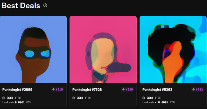 A 'Best Deals' NFT marketplace listing showing three Punkologist NFTs (#2889, #7528, #5363) priced at 0.003 ETH each with varying last sale prices.