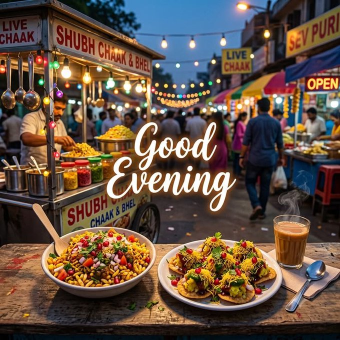 The image shows a vibrant Indian street food market at dusk with stalls labeled "SHUBH CHAAK & BHEL" and "SEV PURI," featuring plates of chaat, bhel, and a steaming cup of chai on a wooden table, overlaid with a "Good Evening" greeting. The accompanying post's warm, relaxing evening message pairs perfectly with the lively yet calming market scene, while the bullish sentiment toward $RIVER and $QUIP is subtly echoed by the bustling, energy-filled atmosphere of the street food stalls.