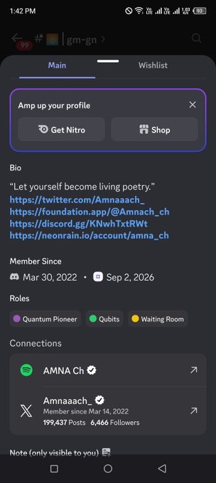 A mobile screenshot of a Discord profile page for 'gm-gn' displaying a bio with links to Twitter, Foundation, Discord, and Neornair accounts, along with Member Since dates and connection badges.