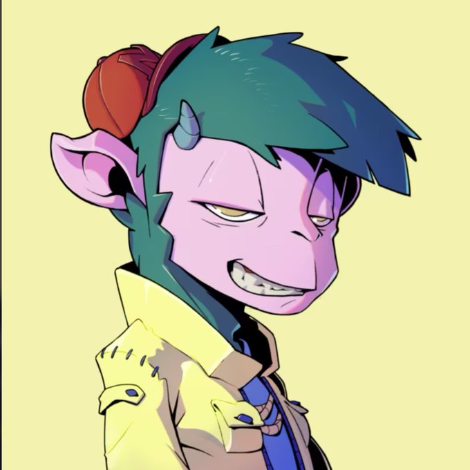 A purple-skinned, pointy-eared cartoon devil character wearing a red beanie and yellow trench coat smirks confidently, visually capturing the smug "easy money" attitude of the poster celebrating their 5x return on the Minted Goats of Solana NFT mint.