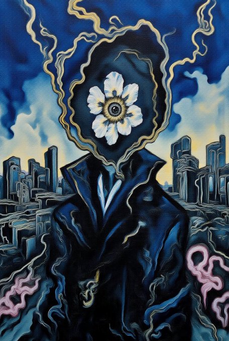 A surreal painting of a hooded figure with a white flower for a head, surrounded by blue clouds and a cityscape.