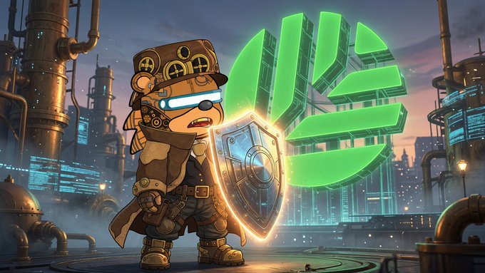 A steampunk-inspired character holding a glowing shield stands in front of a large, green, abstract logo that appears to be made of geometric shapes, set against an industrial cityscape. The image visually represents the concept of ownership and protection, aligning with the post's message about owning your chain with @CNPYNetwork.