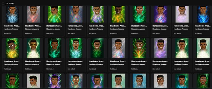 A grid display of 26 NFT-style avatar collectibles with glowing auras in various colors, each labeled 'Handsome Ansen' with 'Not listed' status.