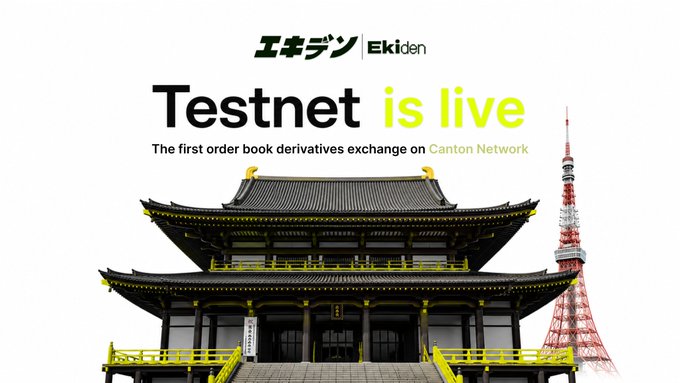 The image features an advertisement for Ekiden Testnet's new derivatives exchange that operates on Canton Network. The main visual element of the image is a traditional Japanese temple with a spire or tower visible, which is surrounded by yellow stairs leading up to its entrance. In front of this landmark, there are text boxes containing information about the exchange and a code for testing it out. This advertisement aims to promote the derivatives exchange as user-friendly, providing access to professional trading infrastructure for users on Canton Network.